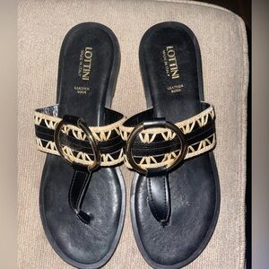 Elegant Black leather and Tan Sandals with Ornate Strap size 9 Lottini